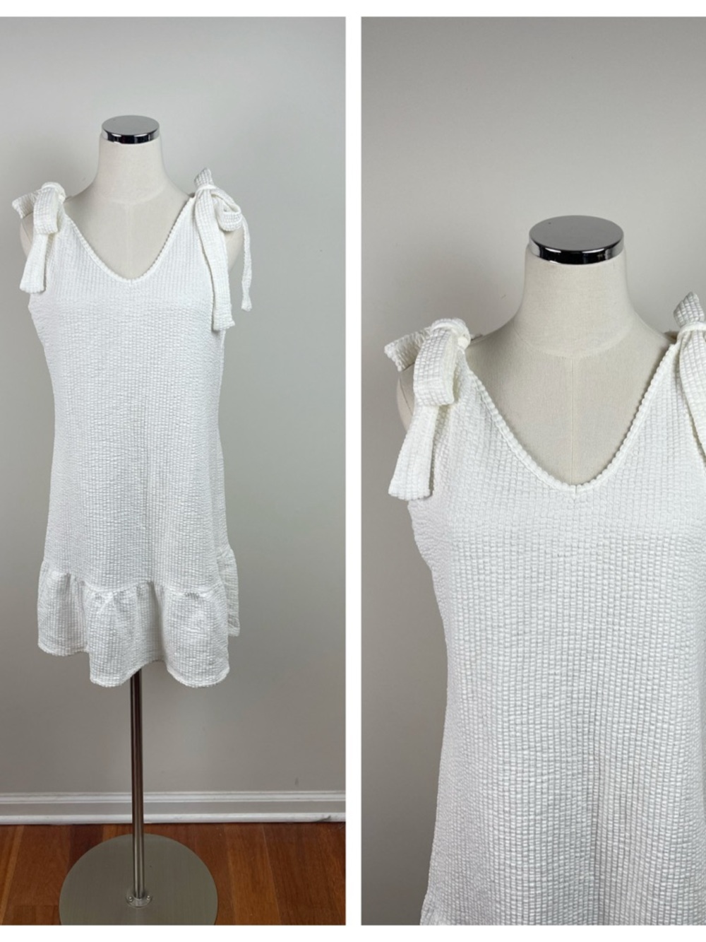 Green Envelope Solid White Ribbed Knit Shoulder Bow Tie Dress Women Large